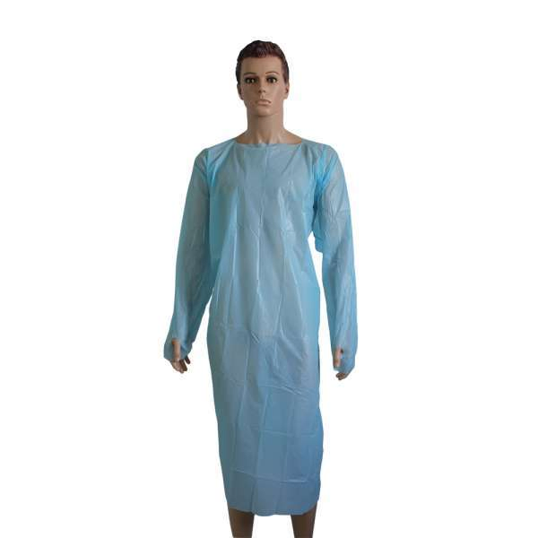 Bata de aislamiento desechable CPE con bucle para el pulgar para protección