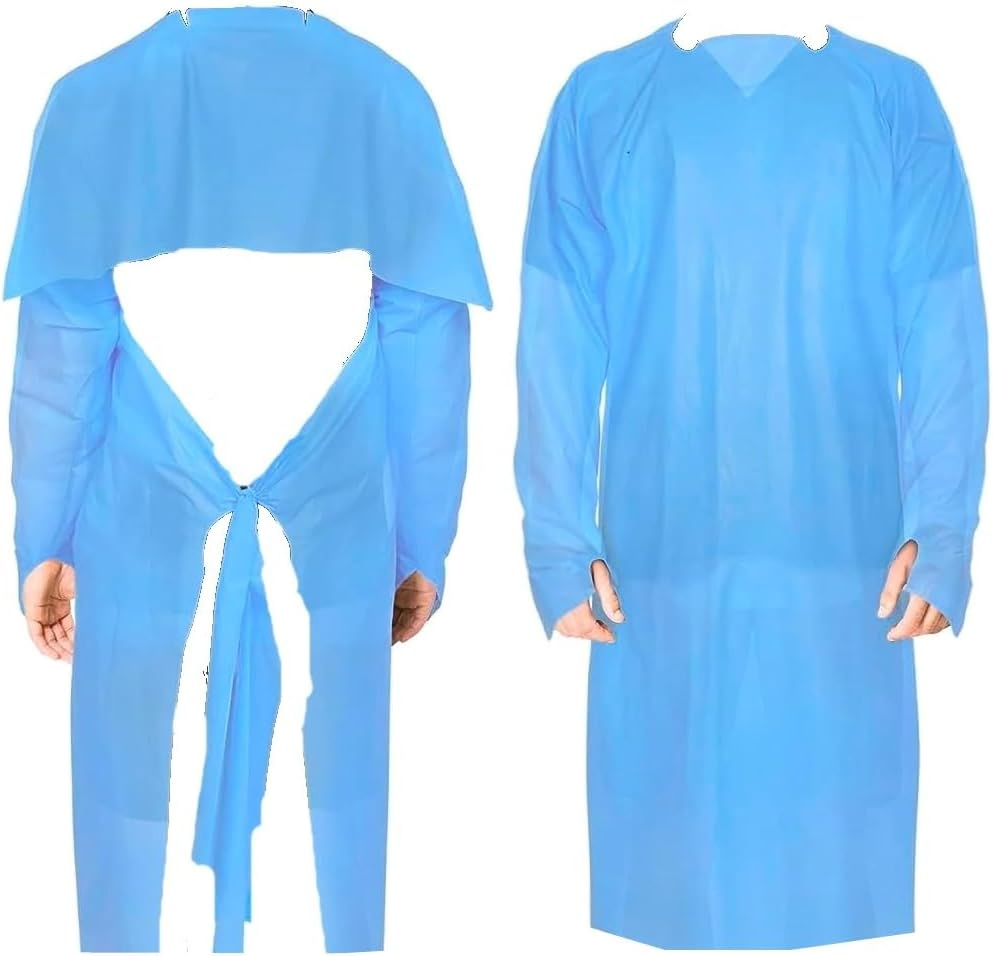 Batas médicas desechables de CPE de manga larga, delantal impermeable con puño de lazo para el pulgar, bata de aislamiento protectora