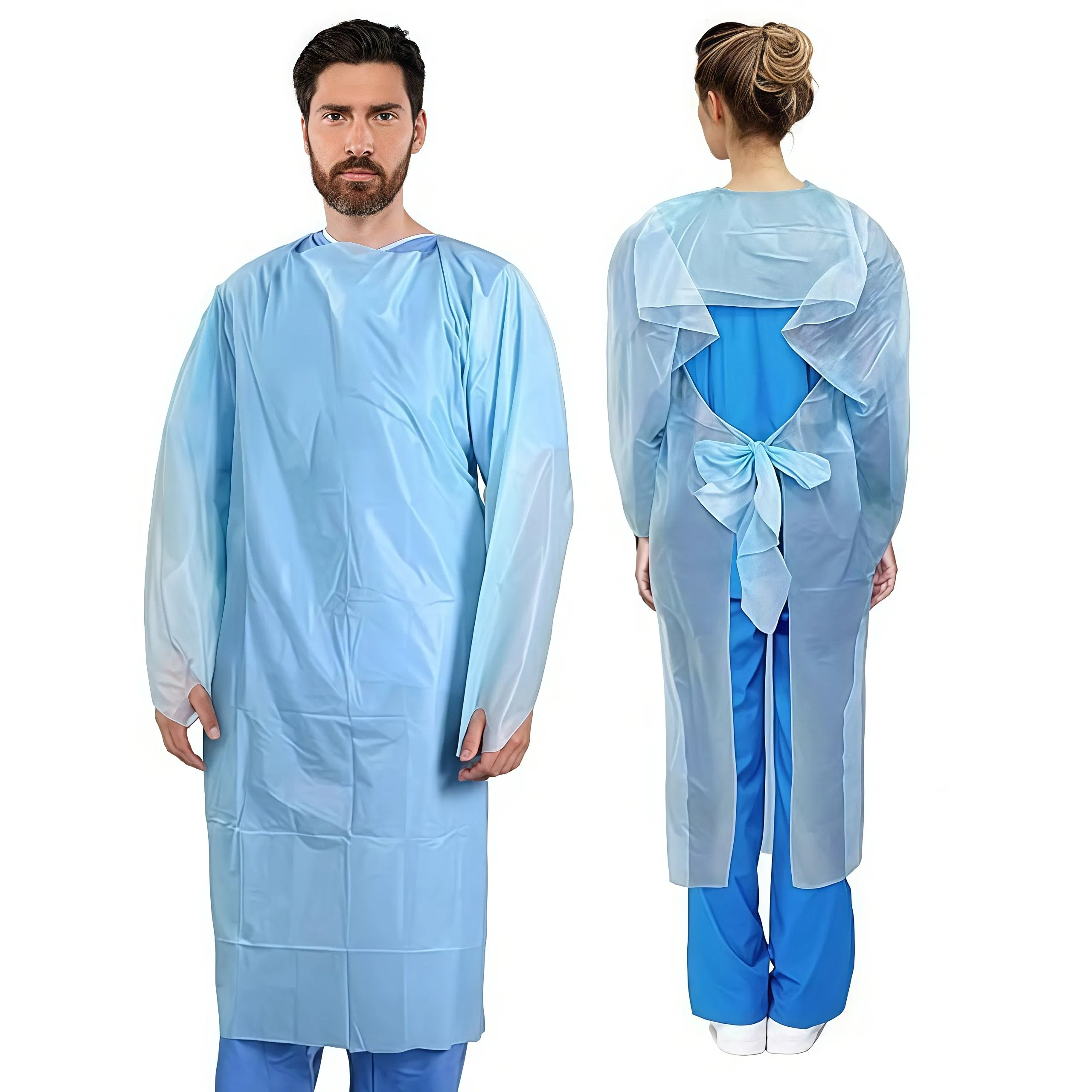 Gown de aislamiento desechable impermeable, resistente a fluidos, liviano, con cobertura total y lazo para el pulgar