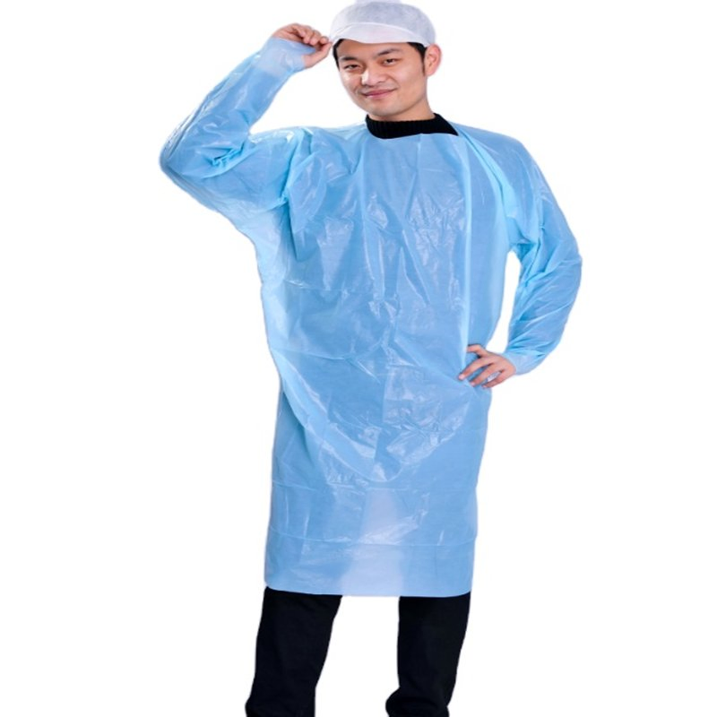 Traje de aislamiento desechable de manga larga impermeable de plástico no tejido, delantal desechable de HDPE, bata protectora de CPE con lazo para el pulgar