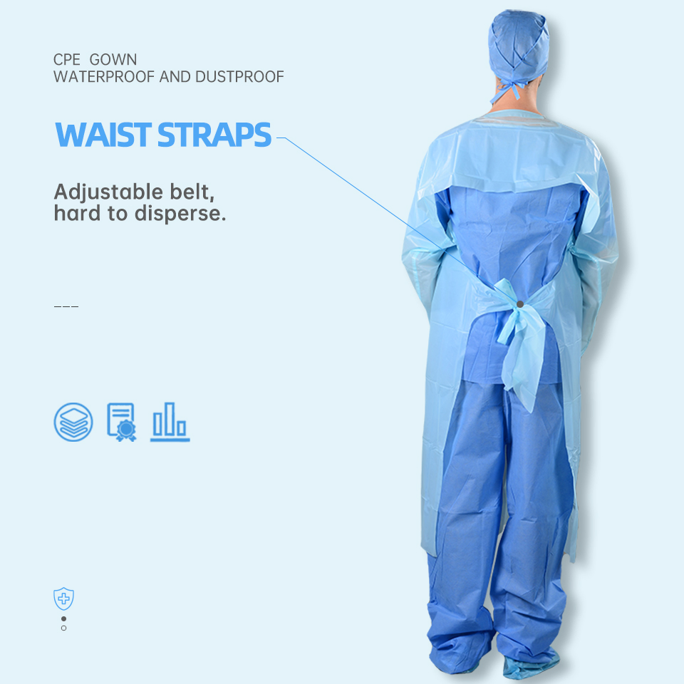 Batas de aislamiento desechables de CPE con bucle para el pulgar impermeable