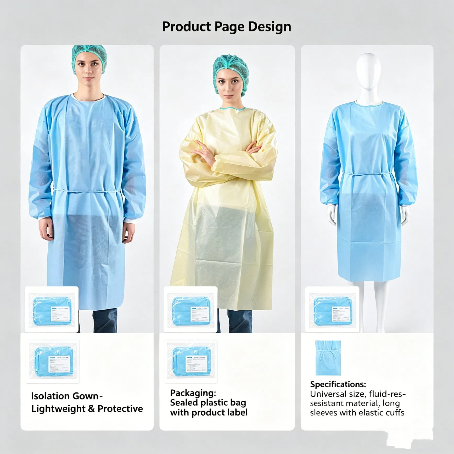 Bata de aislamiento desechable laminada de PE, resistente a fluidos, bata médica protectora