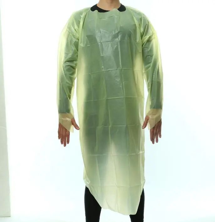 Bata de Aislamiento de Polietileno Desechable CPE Impermeable con Manga Larga 35g y Abertura para el Pulgar