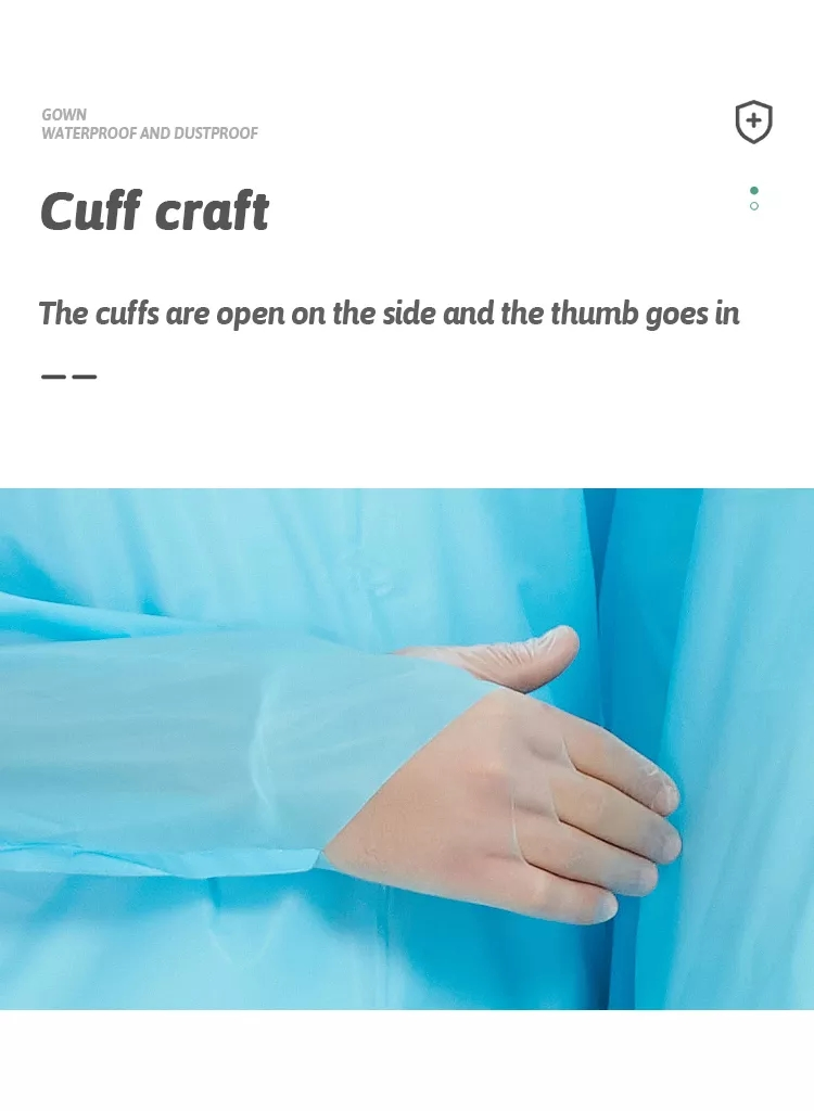 Bata de aislamiento hospitalaria desechable de polietileno impermeable con lazo para el pulgar