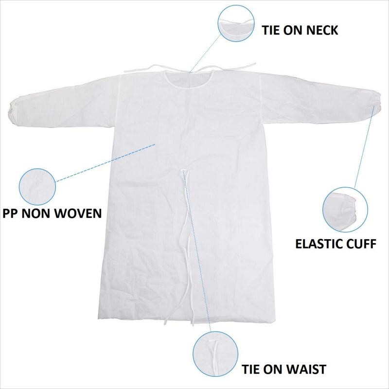 Bata desechable de polipropileno de fábrica, bata de aislamiento desechable, bata médica de aislamiento no tejida PP16GSM 20GSM 25GSM 30GSM 35GSM 40GSM