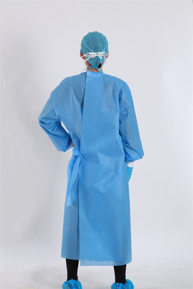 Fábrica de exportación AAMI Nivel 2 Gowns desechables reforzados de aislamiento para clínica, examen, hospital SMS 45GSM Gown quirúrgico estéril