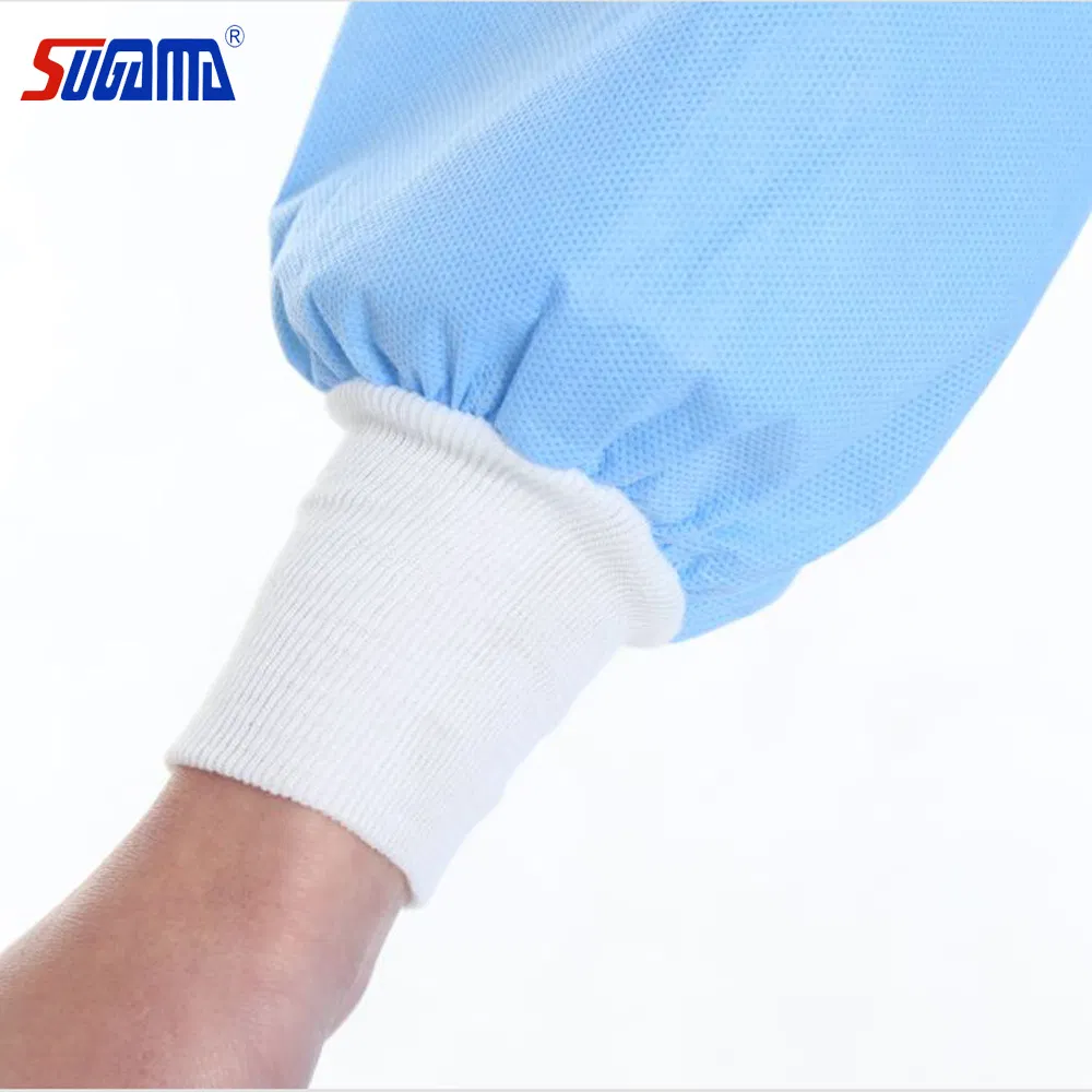 Ropa desechable de PPE al por mayor AAMI Level2 Nivel 3 SMS PP PE con puños de punto, delantal impermeable, bata de aislamiento resistente a fluidos, batas quirúrgicas