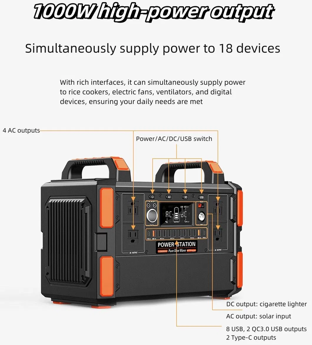 محطة طاقة محمولة قابلة لإعادة الشحن بالطاقة الشمسية 1000W بطارية ليثيوم LiFePO4