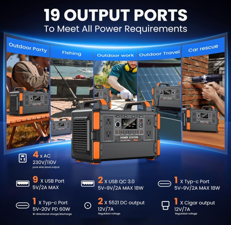 محطة طاقة محمولة 1200W/1008wh LiFePO4 بطارية شحن سريع 1.5h 6 مآخذ تيار متردد UPS مولد شمسي للمنزل والتخييم والسيارة محطة طاقة شمسية