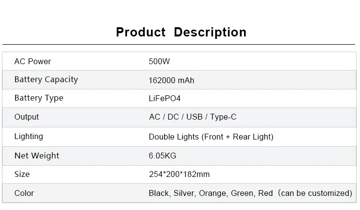 محطة طاقة محمولة عالية السعة 500W مع كابلات شحن USB