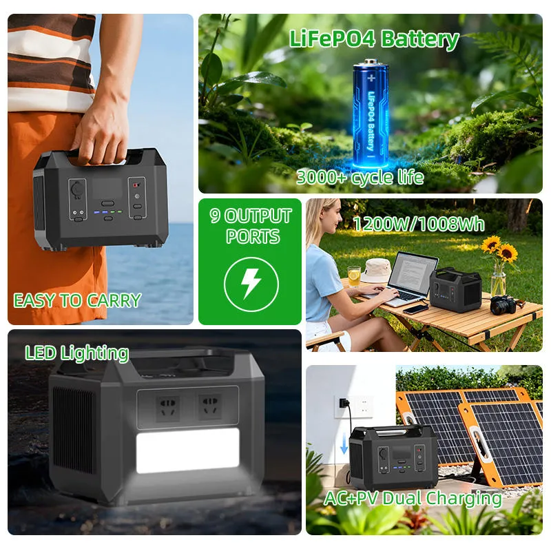 سعر المصنع 1200W 1008wh LiFePO4 محطة طاقة محمولة لاسلكية مولد طاقة شمسية خارجي بطارية للسيارة المنزل في الهواء الطلق