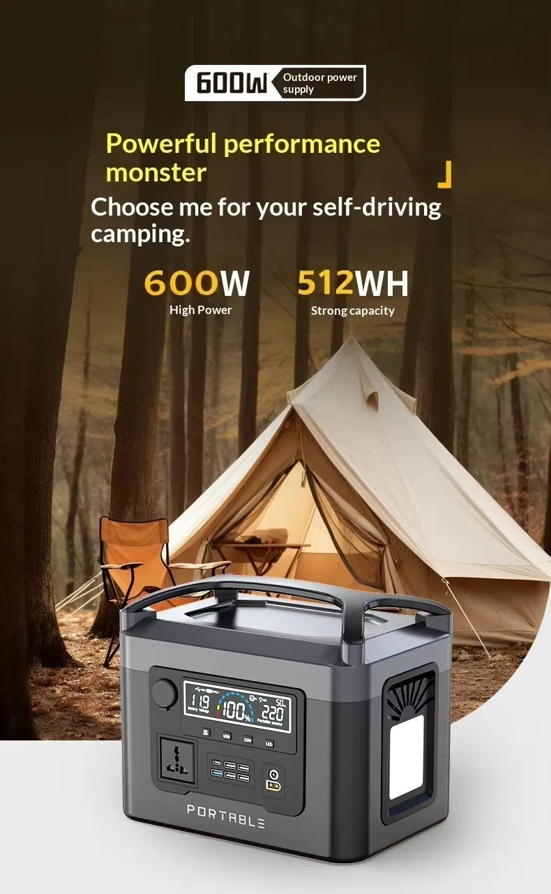 محطة طاقة محمولة 600wh بطارية ليثيوم أيون 100W لوحة شمسية منزلية مولد LED خارجي