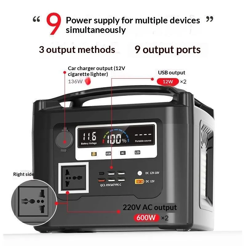 محطة طاقة محمولة 600wh بطارية ليثيوم أيون 100W لوحة شمسية منزلية مولد LED خارجي