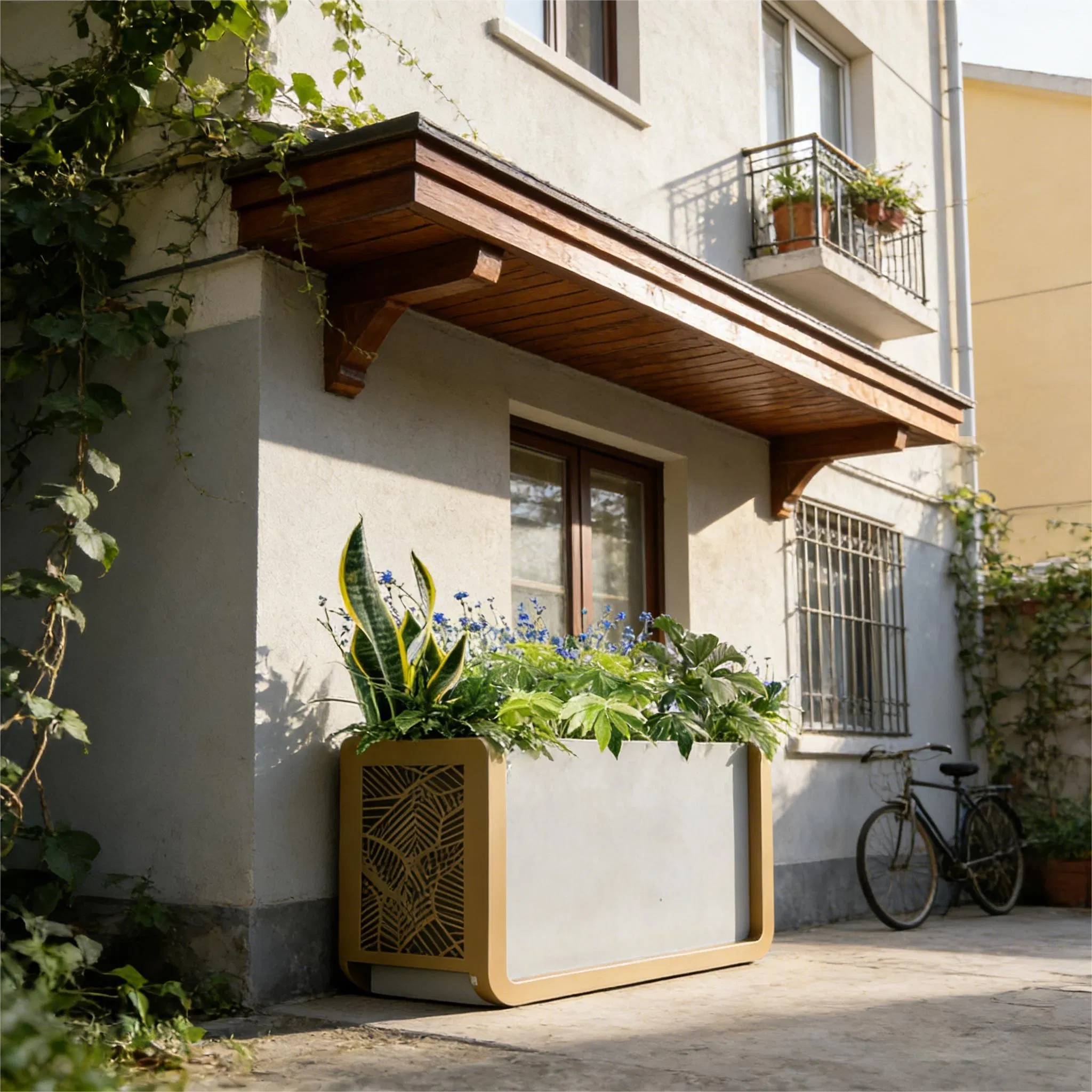 Durable Storage Flower Box Featuring Self-Watering and Rainwater Harvesting