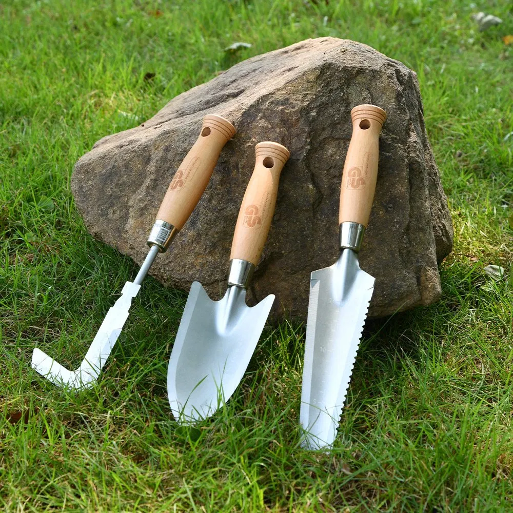 Ergonomic 3PCS Wooden Garden Hand Tools Garden Shovel/Weed Cutter/Weeding Trowel for Household