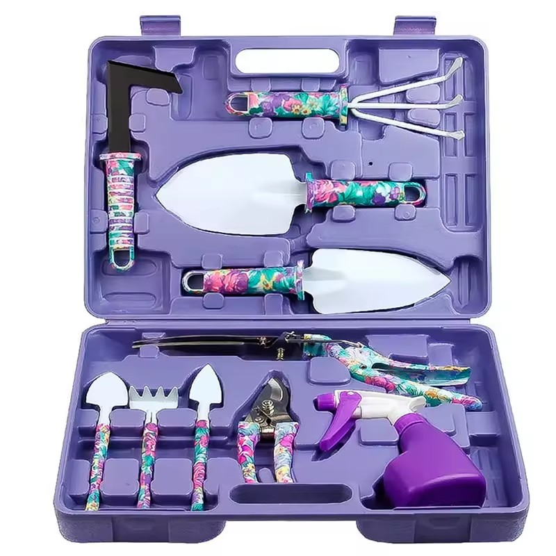 Purple Floral Pattern Ergonomic Trowel Rake Weeder Small Hand Tools Mini Garden Tool Set with Carrying Box Case