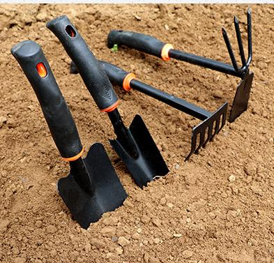 Garden Tools Set Heavy Duty 4 PCS Gardening Hand Iron Garden Shovel for Planting Trowel Cultivator Rake with Ergonomic Non-Slip Rubber Grip Black Gardening Gift