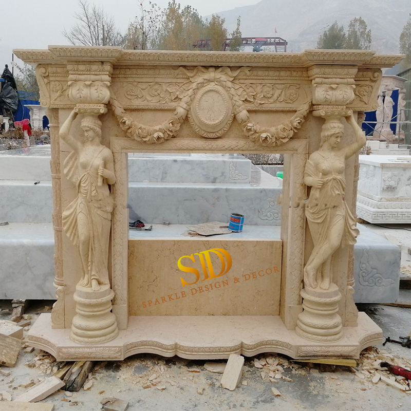 Large Beige Marble Fireplace Mantel with Lady Figure Statues