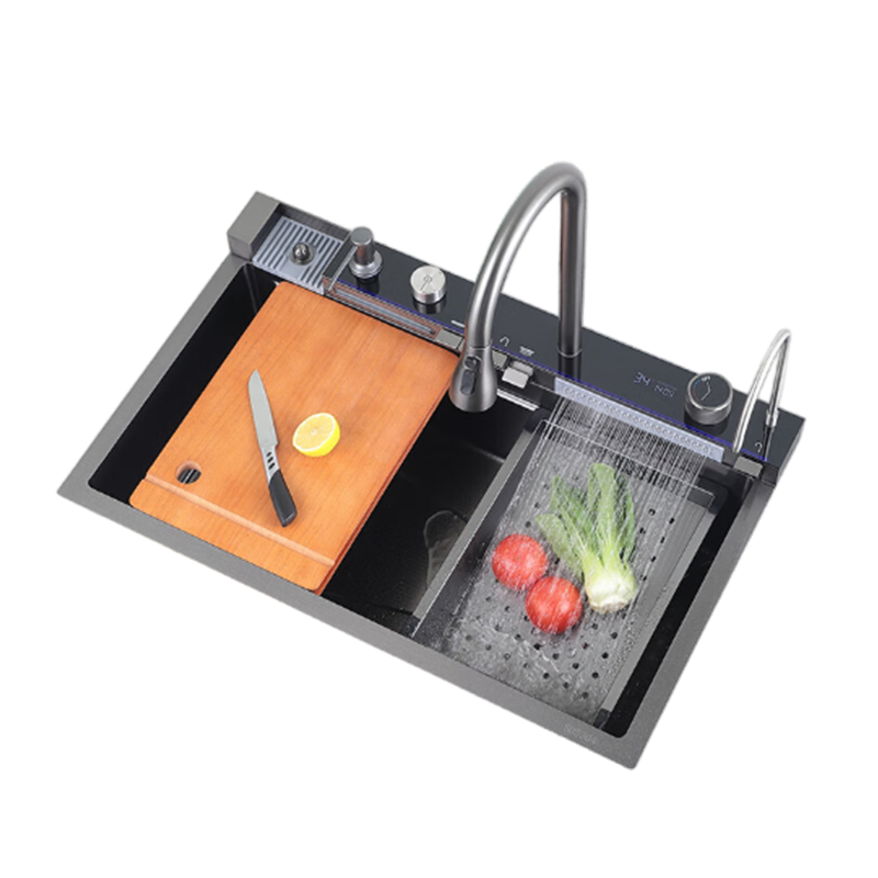 Modern Multifunctional Stainless Steel Kitchen Sink Handmade Nano Black Smart Waterfall Undermount Sink
