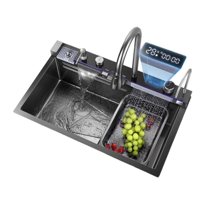 Modern Multifunctional Stainless Steel Kitchen Sink Handmade Nano Black Smart Waterfall Undermount Sink