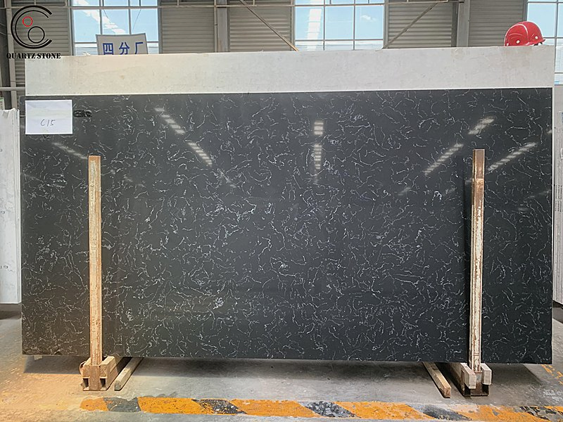 Beautiful Artificial Black Carrara Marble-Like Veined Quartz Slabs