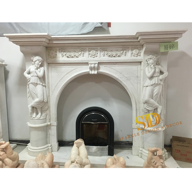 Large Beige Marble Fireplace Mantel with Lady Figure Statues