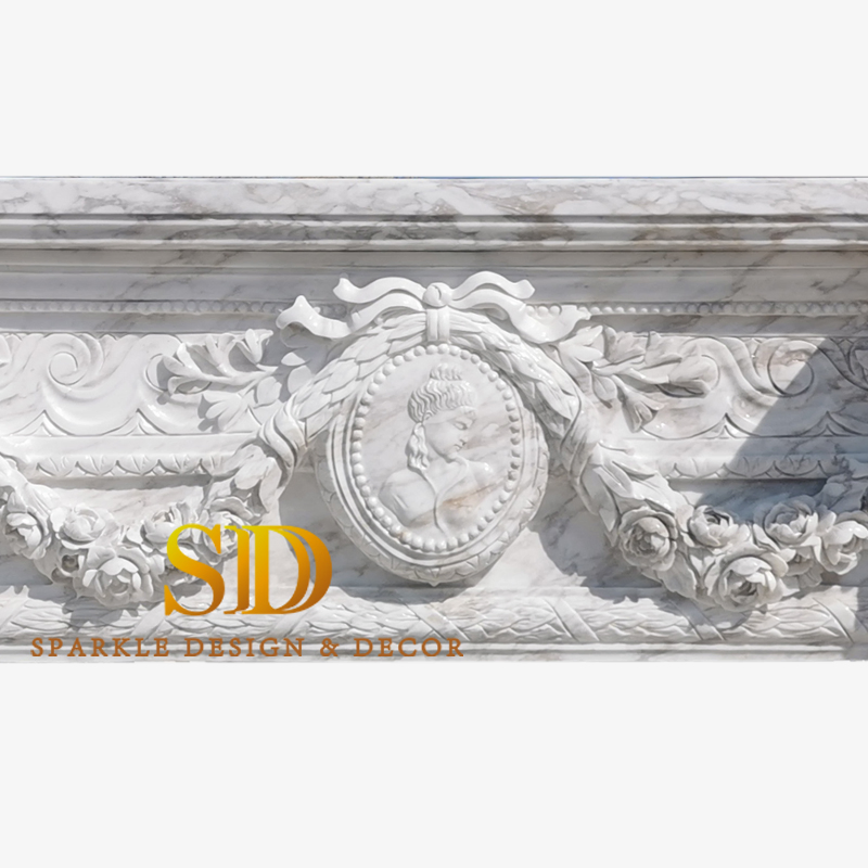Large European Style Volaks White Marble Fireplace Mantel Shelf with Figure Statues for Big Villa