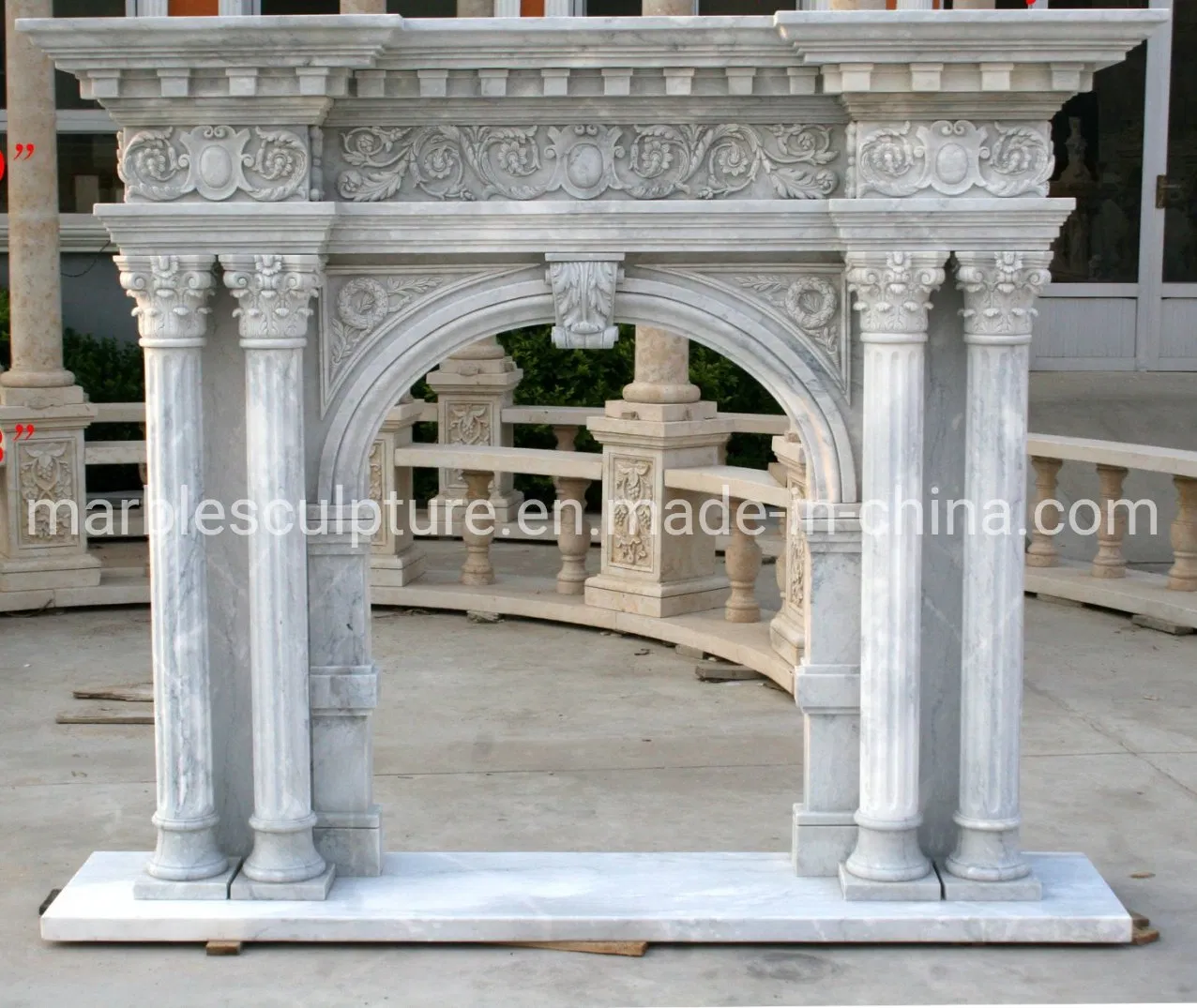 Hand Carved Arched White Marble Fireplace Natural Stone Mantel with Column Pillar (SYMF-241)