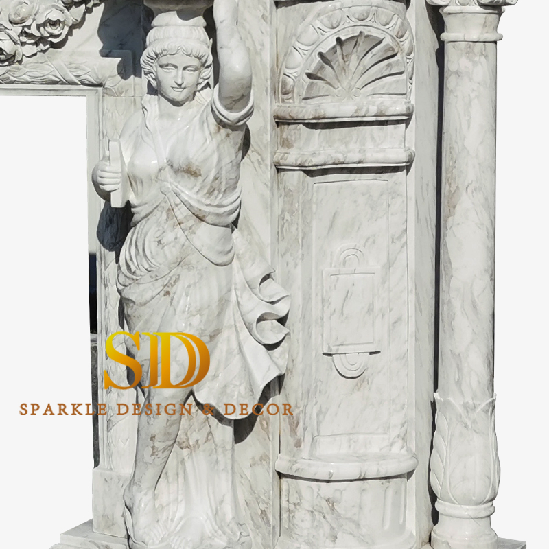 Large European Style Volaks White Marble Fireplace Mantel Shelf with Figure Statues for Big Villa