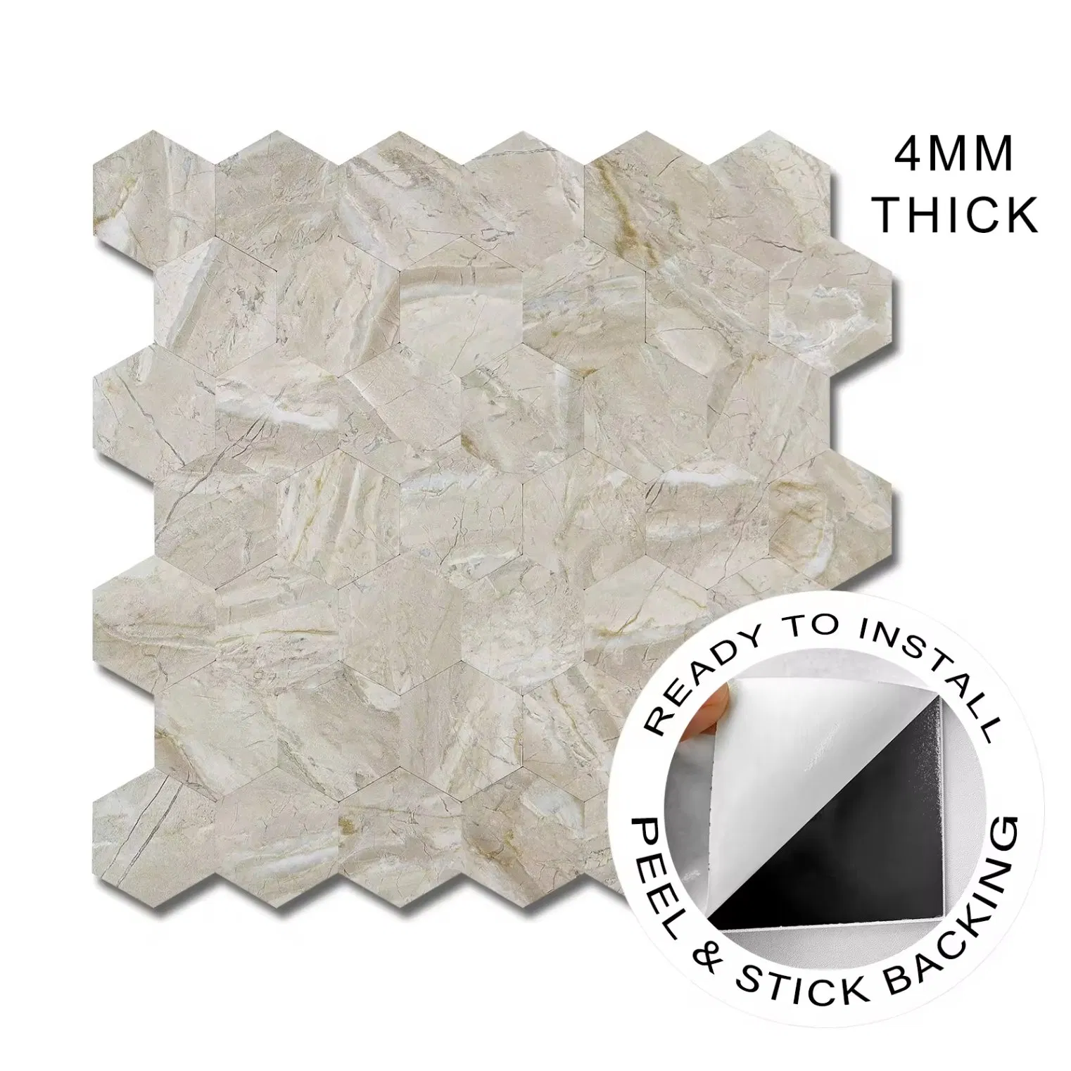 Peel and Stick Backsplash Tile, Beige Marble Mixed Metal 3D PVC Wall Tiles Stick on Backsplash for Kitchen and Bathroom Kitchen Tile Backsplash