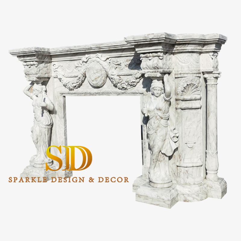 Large European Style Volaks White Marble Fireplace Mantel Shelf with Figure Statues for Big Villa