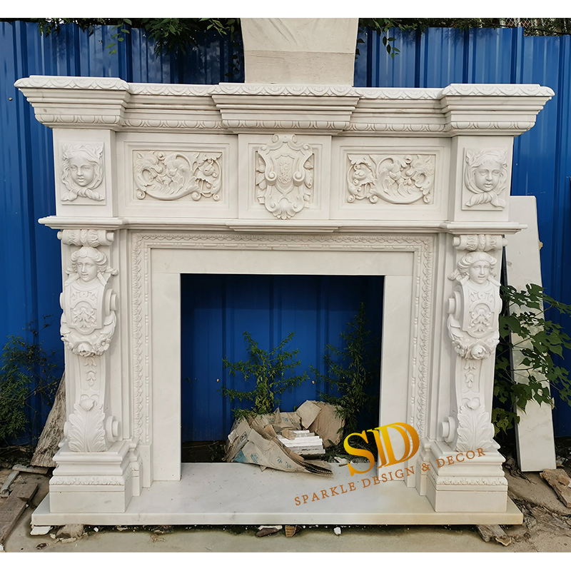 Large Beige Marble Fireplace Mantel with Lady Figure Statues