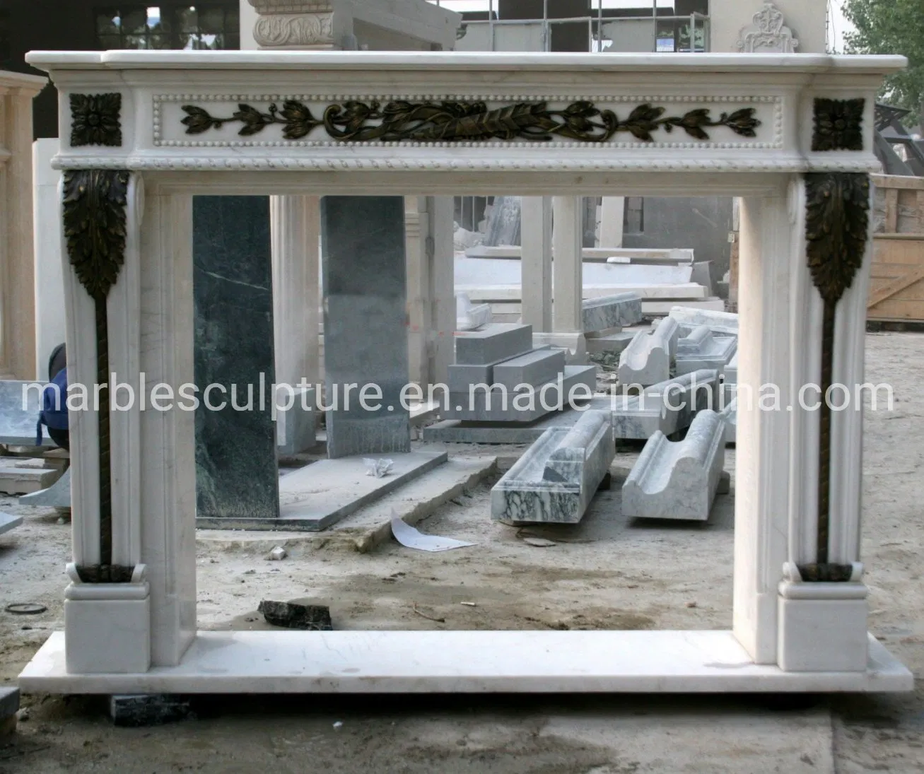 Hand Carved Arched White Marble Fireplace Natural Stone Mantel with Column Pillar (SYMF-241)