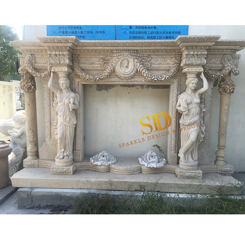 Large Beige Marble Fireplace Mantel with Lady Figure Statues