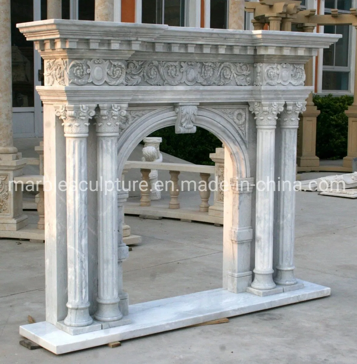 Hand Carved Arched White Marble Fireplace Natural Stone Mantel with Column Pillar (SYMF-241)