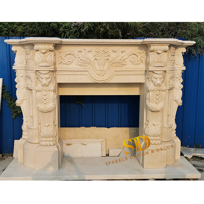 Large Beige Marble Fireplace Mantel with Lady Figure Statues