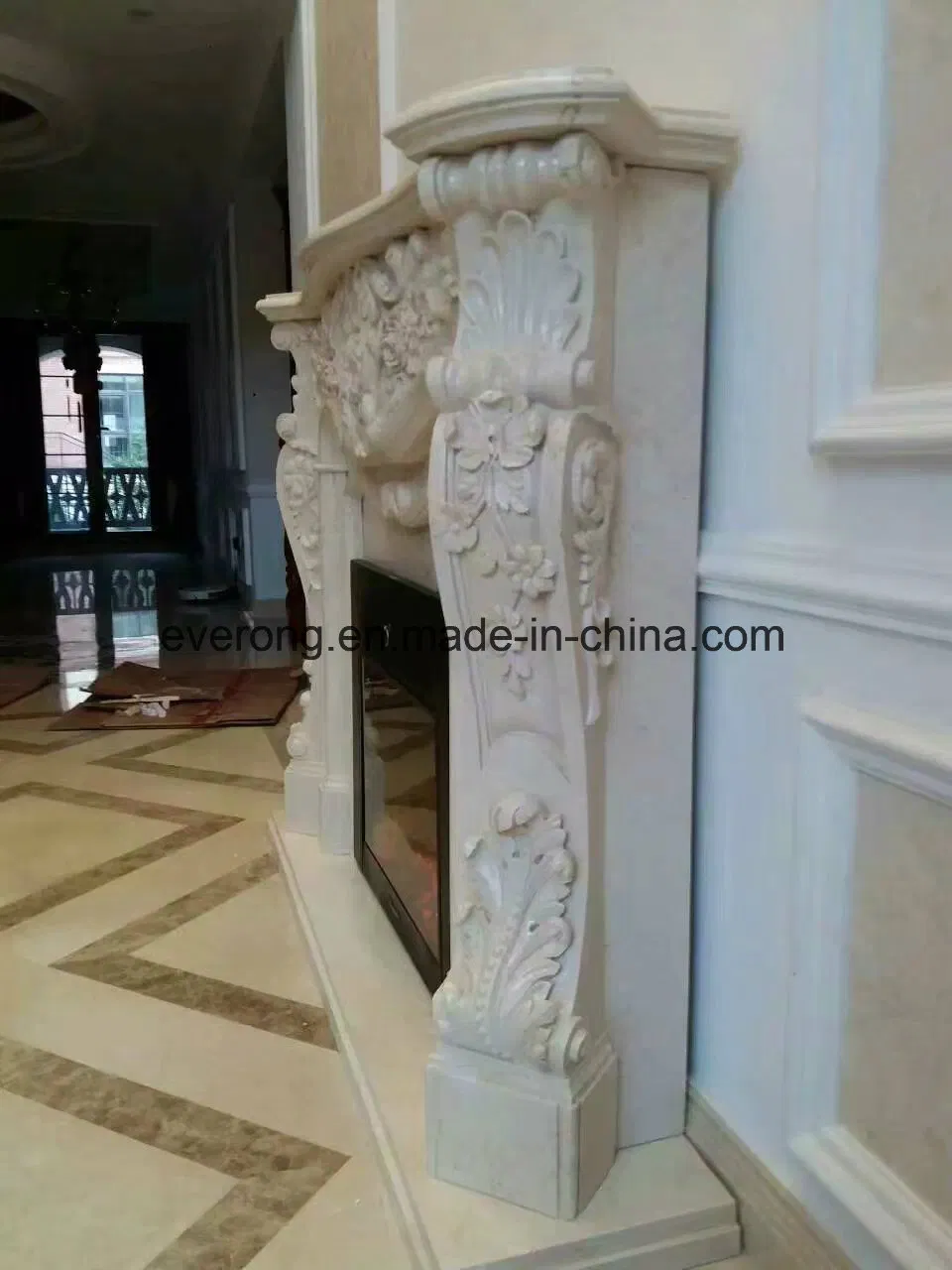 Customized Fireplace Surround White Marble Fireplace Mantel with Flower Carving