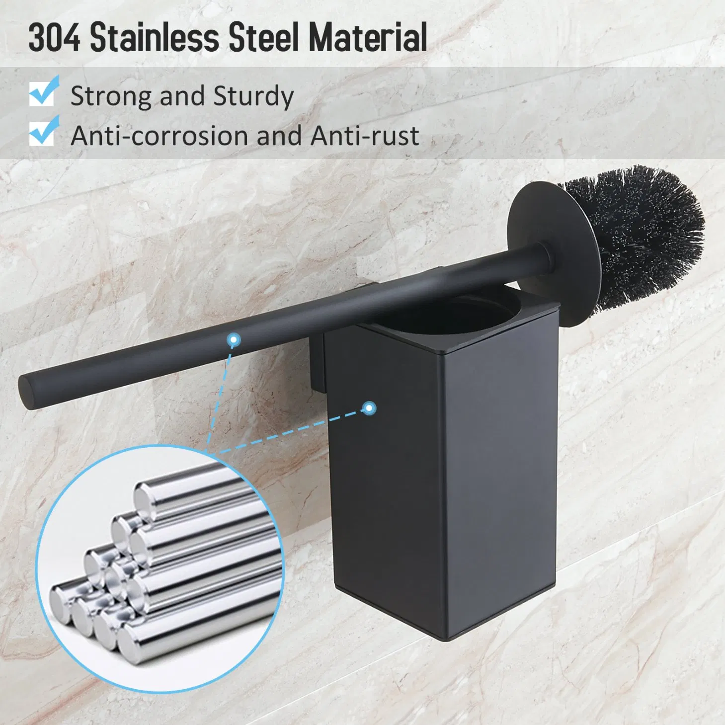 Square 304 Stainless Steel Toilet Accessories Black Wall Mount Toilet Brush