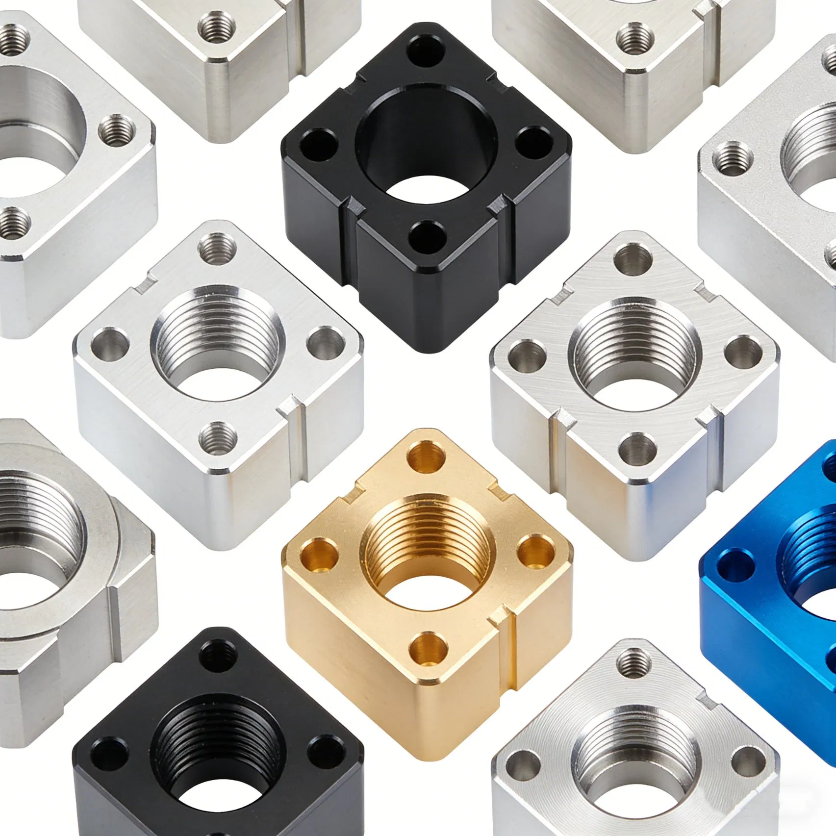 Multi-Color CNC Machined Nut Block Assortment with Hard Anodized Aluminum and Stainless Steel Parts for Automated Equipment