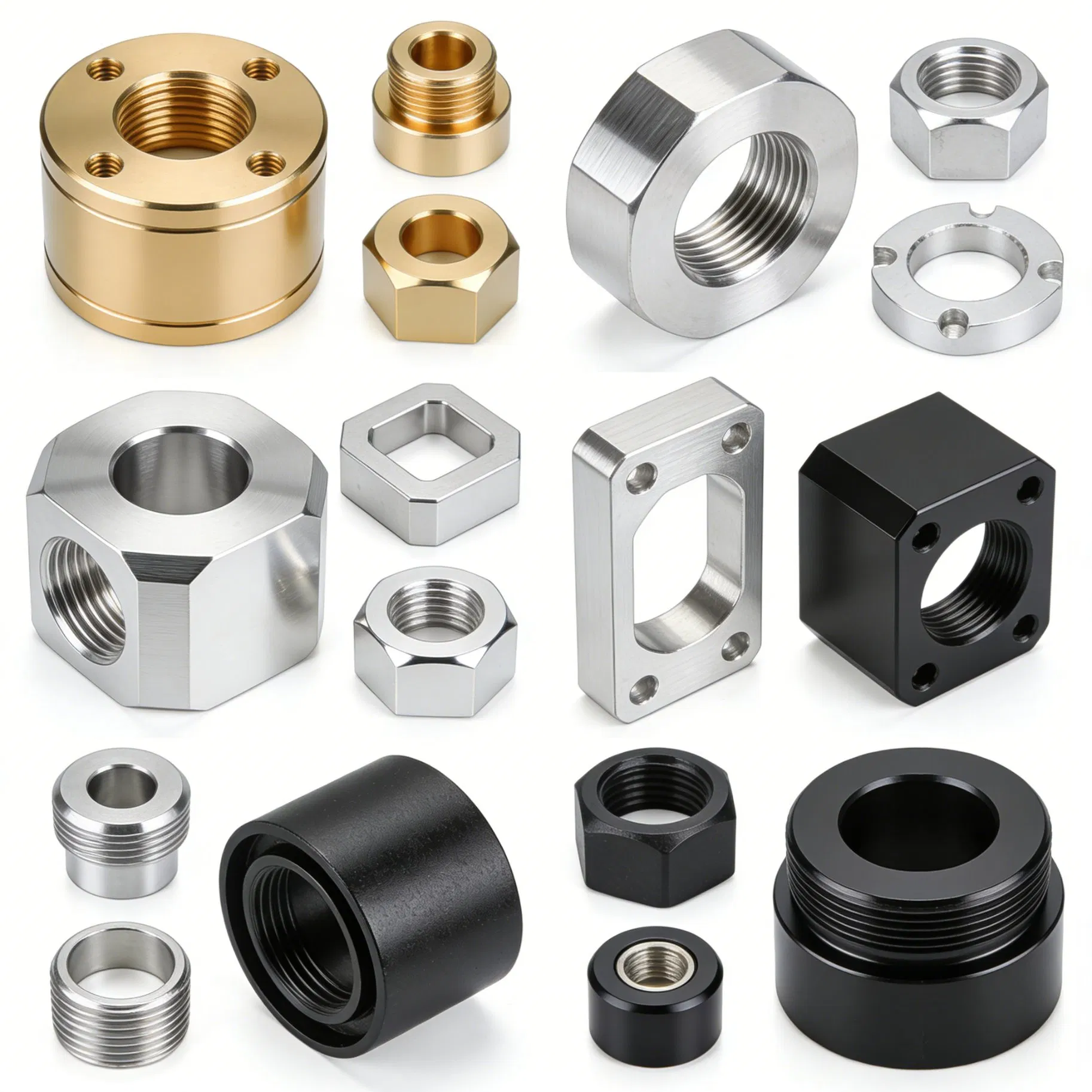 Multi-Color CNC Machined Nut Block Assortment with Hard Anodized Aluminum and Stainless Steel Parts for Automated Equipment