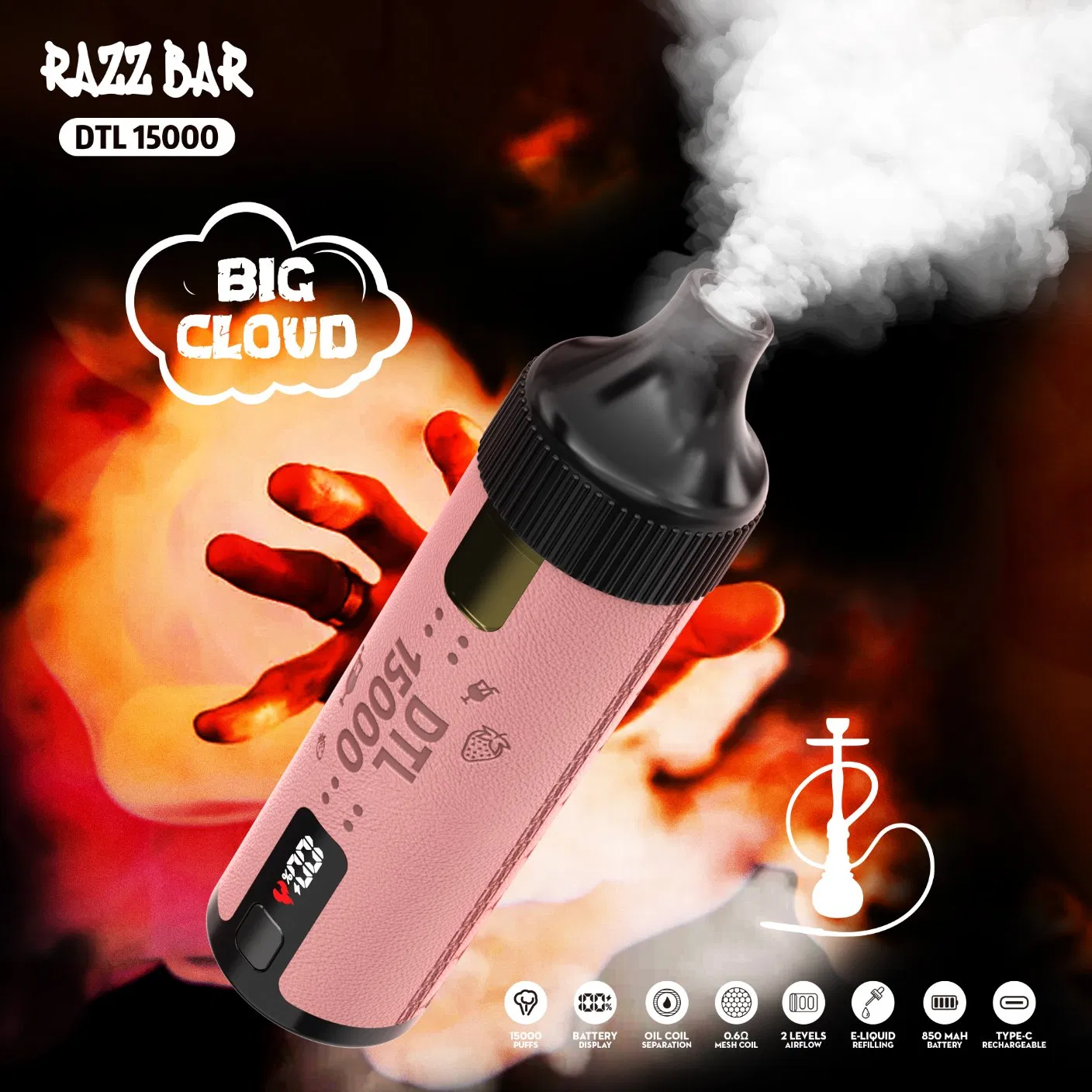 Dlt Appealing Cloud Chasers Flavor Aficionados Crown Big Cloud E-Hookah Tobacco Fakher Razz Bar Fruity Minty Premium 15000 Puff Vaporizer Disposable Vape Device