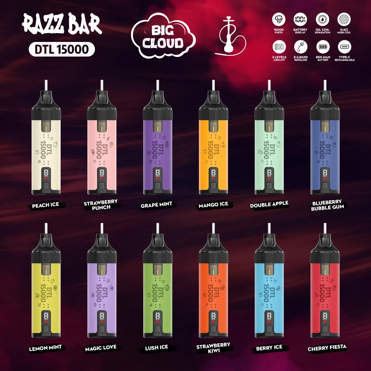 Dlt Appealing Cloud Chasers Flavor Aficionados Crown Big Cloud E-Hookah Tobacco Fakher Razz Bar Fruity Minty Premium 15000 Puff Vaporizer Disposable Vape Device