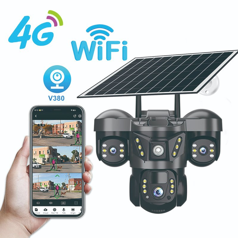 Solar-Powered Security Camera Triple-Lens Outdoor Monitoring Camera with Motion Detection Ai Human Alarm