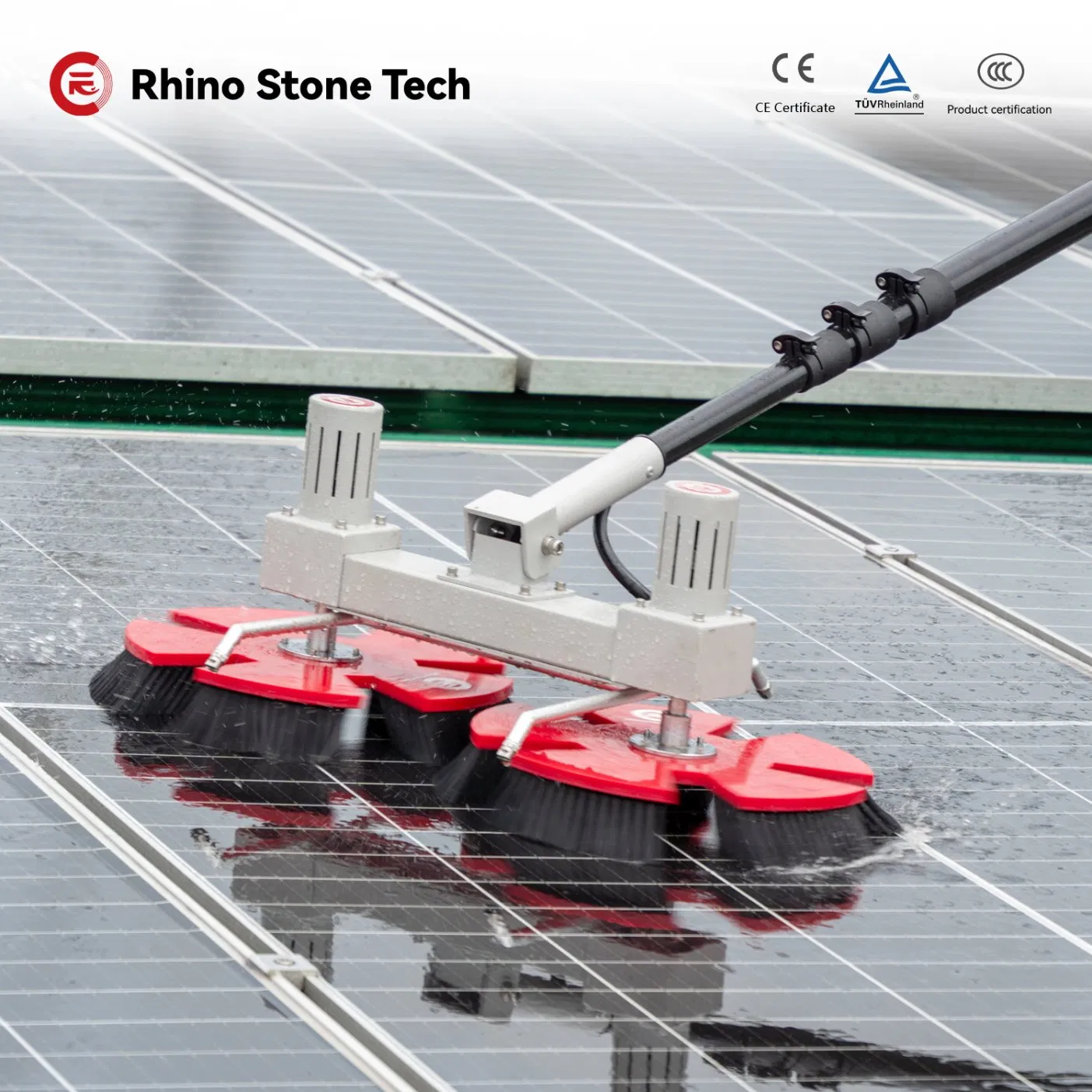 3.6m 5.4m 7.5m Telescopic Rod Twin Headed Disc Rotating 300W Solar Panel Cleaning Brush for Rooftop Solar Farm Power Plant Clean Machine Deep Washing Device