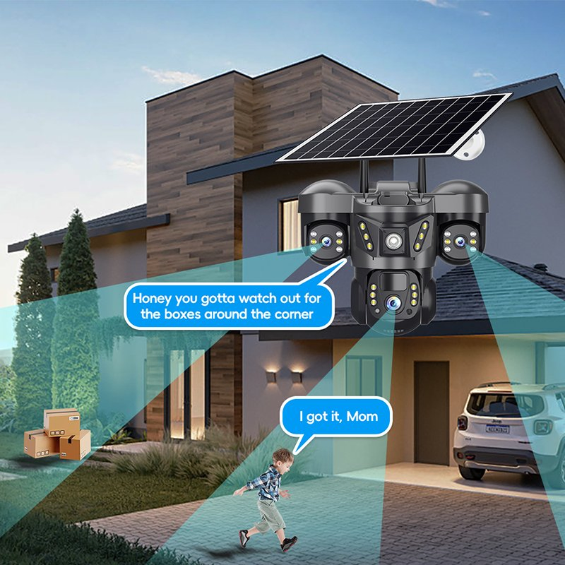 Solar-Powered Security Camera Triple-Lens Outdoor Monitoring Camera with Motion Detection Ai Human Alarm