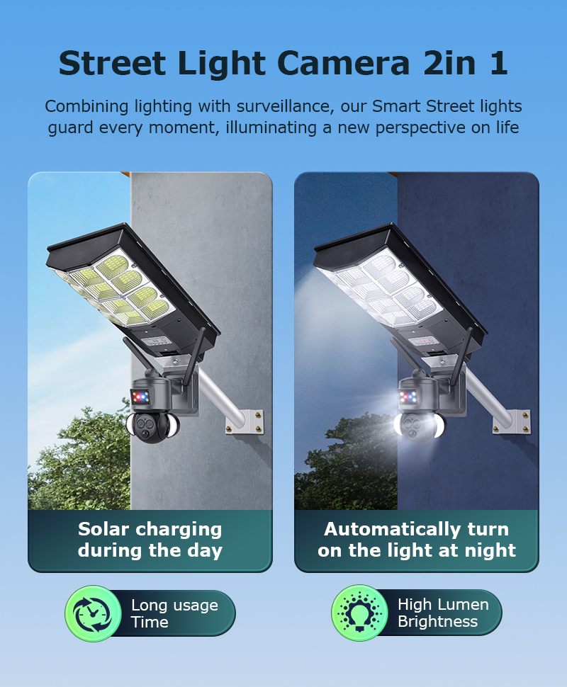 Outdoor Solar Monitoring Street Lamp Floodlight Solar 4G WiFi Dual Lens Auto Tracking CCTV Security Smart Home Video 12X PTZ IP Camera