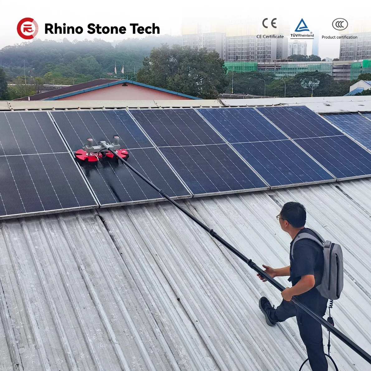 Brushless Motor 300W Double Head PV Panels Washing Machine Rotating Solar Panel Cleaning Brush with 3.6m 5.4m 7.5m Length Water-Saving Dry Wet Cleaning