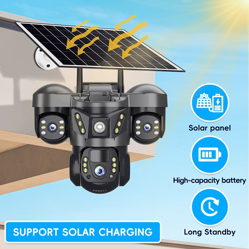 Solar-Powered Security Camera Triple-Lens Outdoor Monitoring Camera with Motion Detection Ai Human Alarm