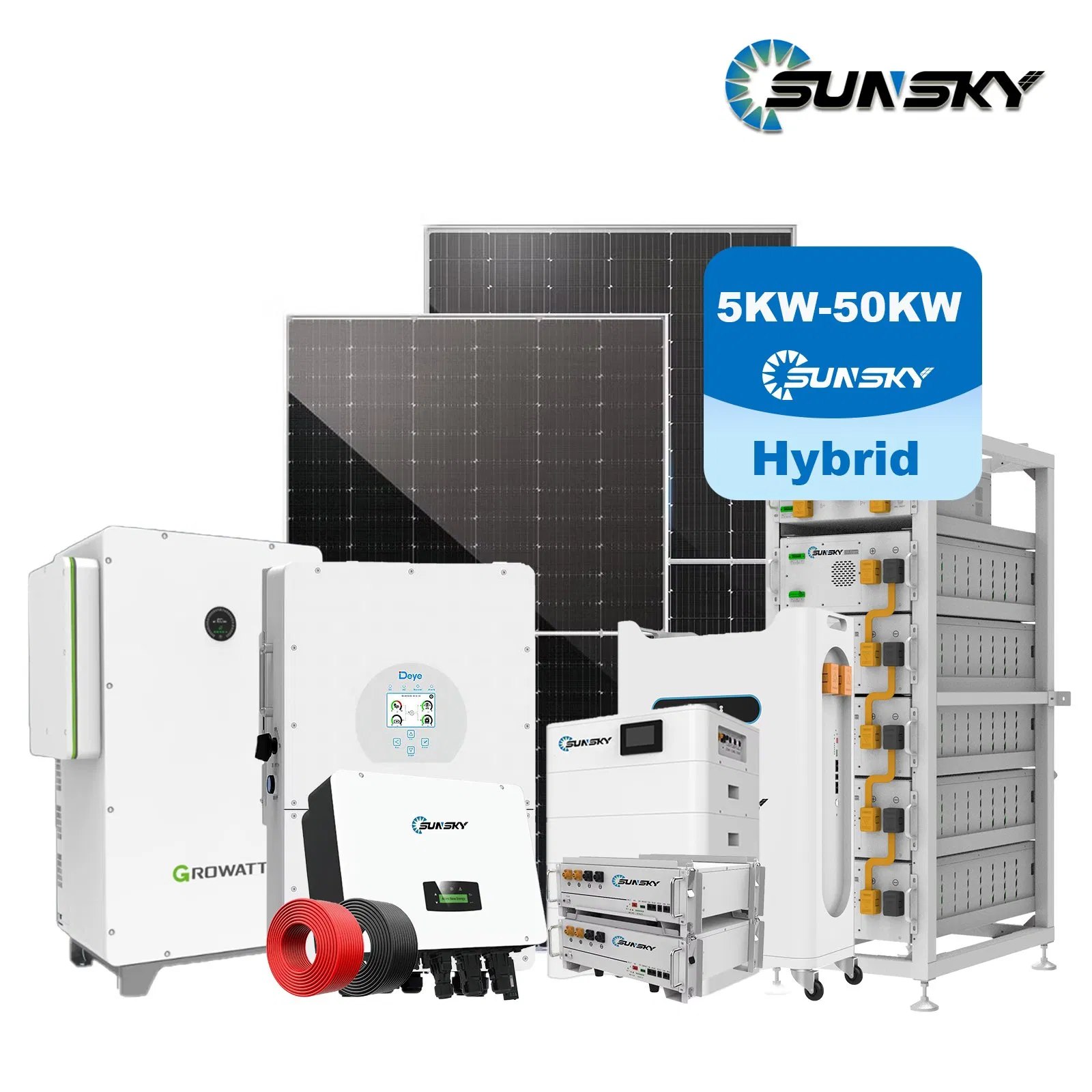 Sunsky Complete Industrial and Commercial 30kw 50kw Solar Energy 50kVA Hybrid Solar Energy System Indoor 54.2kwh 100kwh Lithium Batteries Backup