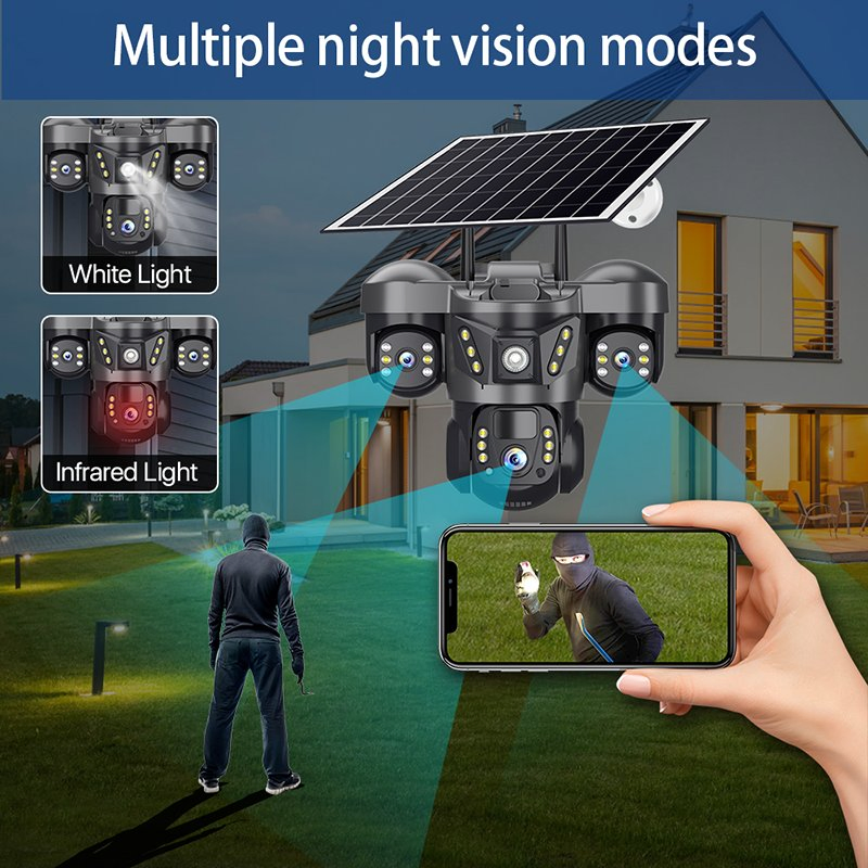 Solar-Powered Security Camera Triple-Lens Outdoor Monitoring Camera with Motion Detection Ai Human Alarm